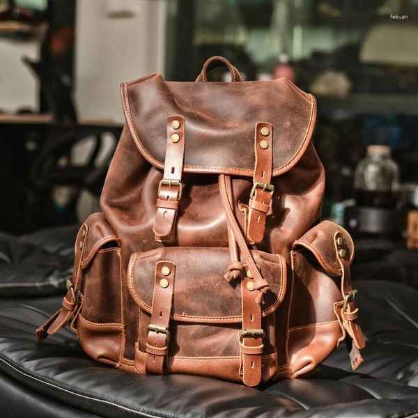 Backpack The Genuine Leather Men Men Outdoor Casual School Bag de grande capacidade para montanhismo