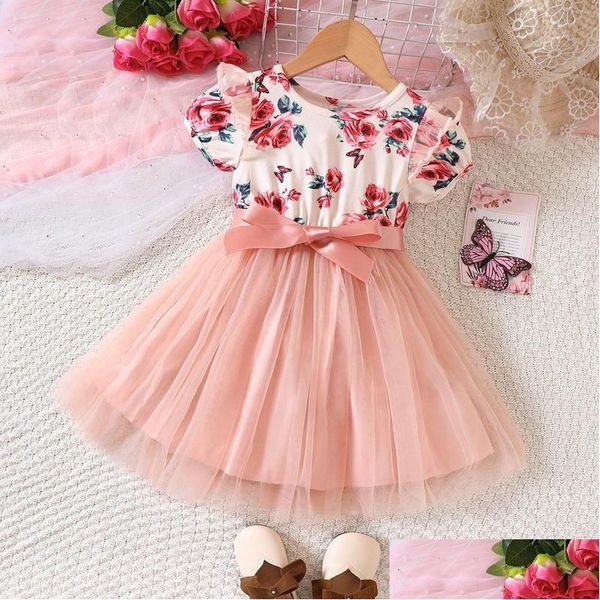 Mädchen Kleider Mädchen Mädchen Sommer Spitze Ärmel Rosenabdruck Mesh Kleider Hals Taille Kurzarm Baby Taufe Kinder Herbst Kleidung Drop Dhpzc dhpzc