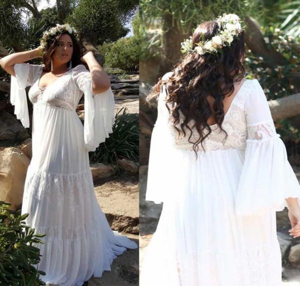 2020 Plus Tamanho Boho Vestidos de noiva A Line V Pescoço Aplicado Lace Sleeve Sleeve Vestidos Vestidos de Varreto Var