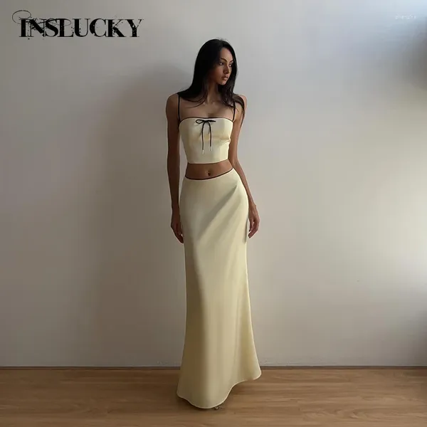 Abiti da lavoro InsLucky Abito estivo elegante color albicocca Abito da donna senza spalline Sling Crop Top Camis e gonna lunga fino al pavimento a vita alta Set due pezzi