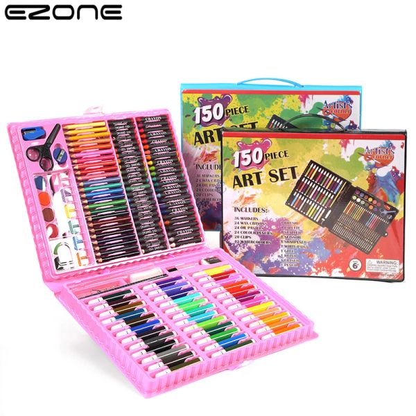 Crayons EZONE 150pcs/conjunto Kids Crayon Conjunto de aquarela Lápis Lápis Lápis Pintura de arte Pintura de papelaria Brush Presentes de aniversário infantis