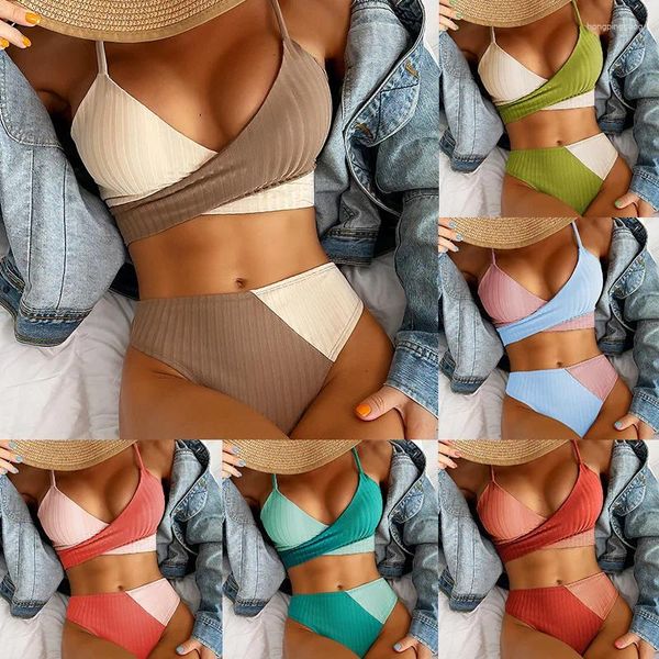 Swimwear femminile 2024 Colore solido abbinamento Spesso Pitstrit Croce Croce Croce High Women Women Bikini Sexy Swimsuit