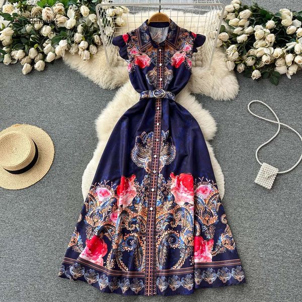 Lässige Kleider 2024 Sommer Fashion Vintage Plissee Kleiderinnen Frauen Landebahn V-Ausschnitt Fliegenhülsen floraldruck hoher Taille Langer Urlaub