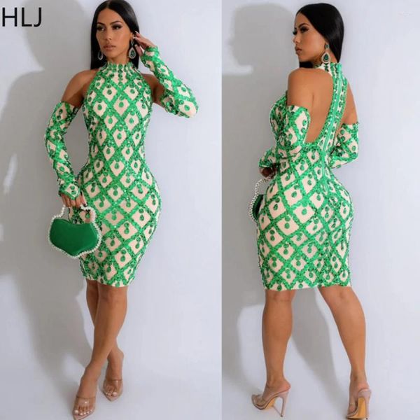 Vestidos casuais Hlj Moda Perspectiva de malha lantejão Bodycon Mulheres o pescoço sem mangas vestidos sexy com roupas de luva de manga