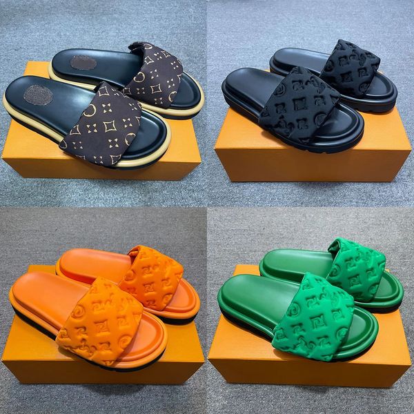 Designer chinelos femininos moda feminina sandálias de impressão vintage Sapatos de salto plano preto rosa verde amarelo céu azul azul lâmpada de praia slipper slides sandália