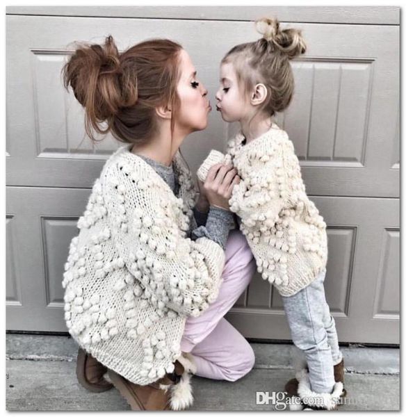 Kinder-Strickjacke, Mädchen lieben Herz-Pompom-Applikation, Prinzessinnen-Outwear, Kinder-Strickpullover, Strickjacke, passendes Outfit für Mutter und Tochter 8093801