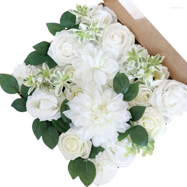 Fiori decorativi set di scatole artificiali combo finto per bouquet di nozze fai -da -te seta di seta con steli e foglie