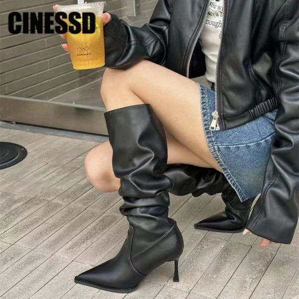 Botas de inverno plissado mulheres joelhos botas altas