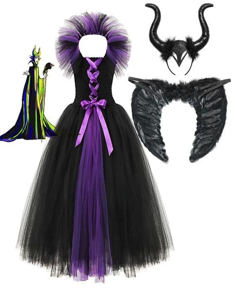 3 pçs conjunto de roupas malévola para meninas tutu vestido chapelaria asas descendentes vilão malévola cosplay traje rainha do mal vestido t3609857