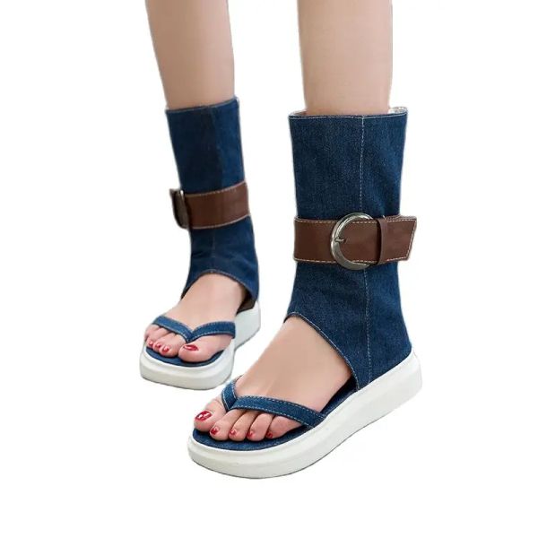 Сапоги Women Summer Denim Sandals с платформой девушки для девушек мод в стиле гладиатор, толстая единственная высота увеличивает большие украшения
