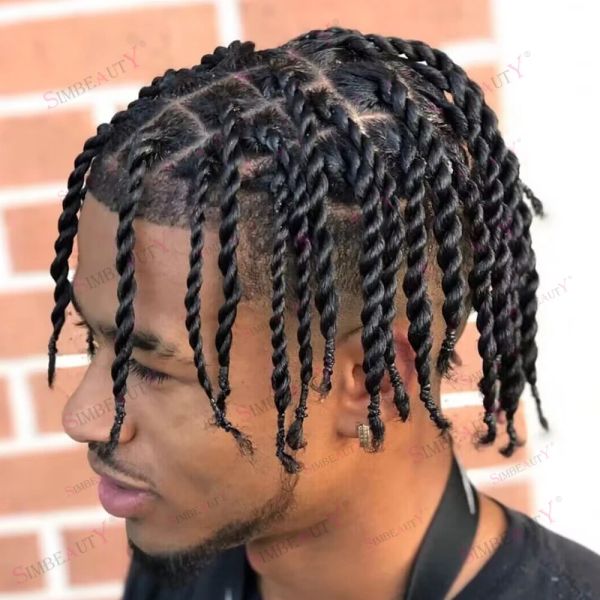 Tupees Afro Male Hairstyle Twisted Braids Skin Human Hair Touse para homens Sistema de substituição de cabelo PU não detectado Próteses capilaresi