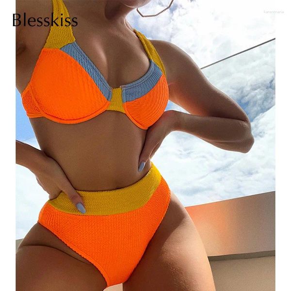 Женские купальные костюмы Blesskiss Sexy High Taiste Bikini 2024 Женские лоскутные камеры апельсиновый набор для купальника 2 купальника (чашка A-C)