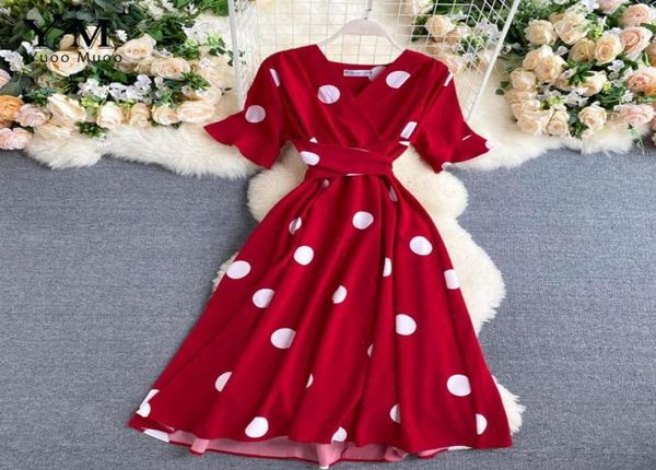 Винтаж Big Polka Dot Print v Nece Bangage Dress Casual Summer Midi Party Women Elegant Swing Red4517088