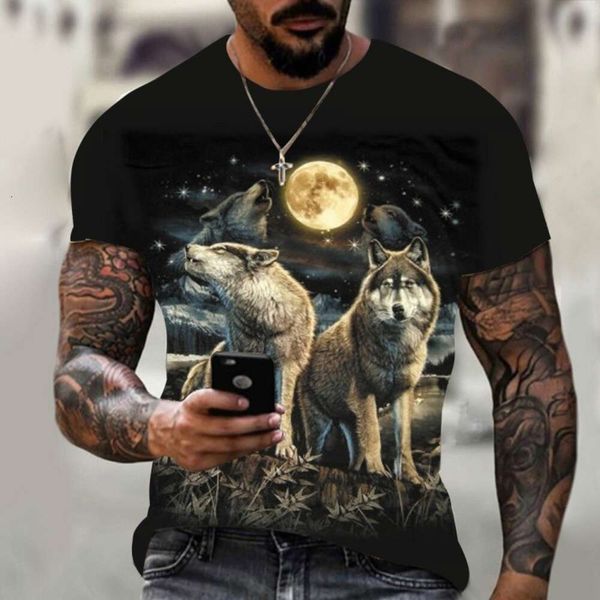 Verão novo masculino masculino maduro pacote de lobo casual 3D Pullover redondo do pescoço de manga curta de manga curta