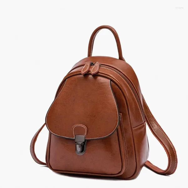 Schulbeutel Frauen Retro echte Mode elegantes Wachs Kuhläden Leder College Style Simple Ladies Backpack