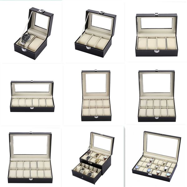 Caixa de embalagem local fabricantes atacado 12 caixa de relógio japonês palavra bloqueio preto agulha grão capa transparente caixa de armazenamento de jóias