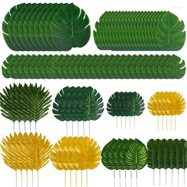 Dekorative Blumen SV-95pcs Palmblätter goldene tropische Stiele mit gefälschten Blattpflanzen für hawaiianische Party Strandtisch Dekorationen