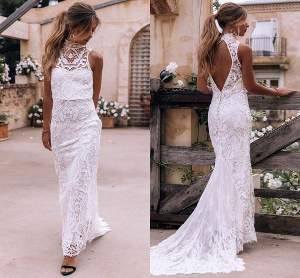 Modern Dantel Boho Gelinlik Seksi Açık Açık Geri Boyun Yaz Bahçesi Batı Gelin Gowns Tatil Wears BC18531