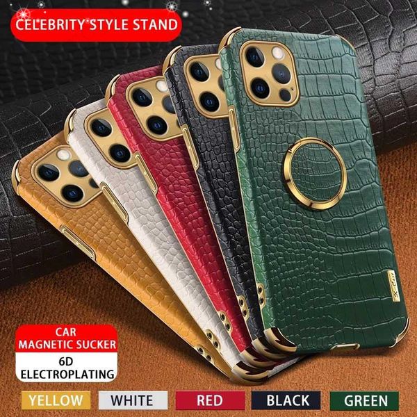 Caixa de telefone de textura de crocodilo de couro de luxo com suporte de anel magnético para iPhone Case 15 14 Plus 13 12 11 mini pro máximo xs xr 6 7 8 Plus Samsung Protective Cases