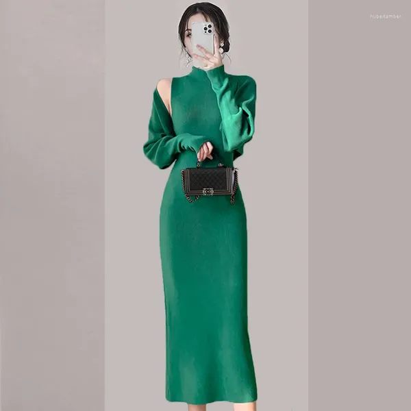Рабочие платья, элегантное трикотажное платье, комплект из двух предметов, женский осенне-зимний зеленый свитер с рукавами «летучая мышь», кардиган, жилет, водолазка, длинные костюмы