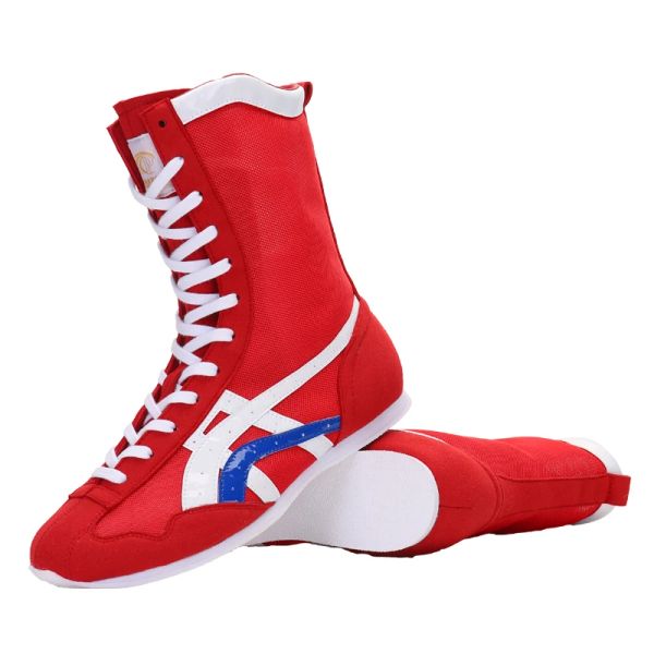 Schuhe Großhandel professionelle Gummi Eva Sohle High Top Sportstiefel rot schwarze blaue Farbe Boxschuhe für Männer