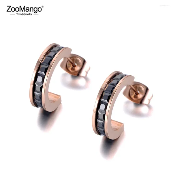 Brincos Zoomango Espumante Preto / Branco Cubic Zirconia Brinco Para Mulheres Rosa Cor de Ouro Aço Inoxidável Cristal Orelha Jóias ZE19002