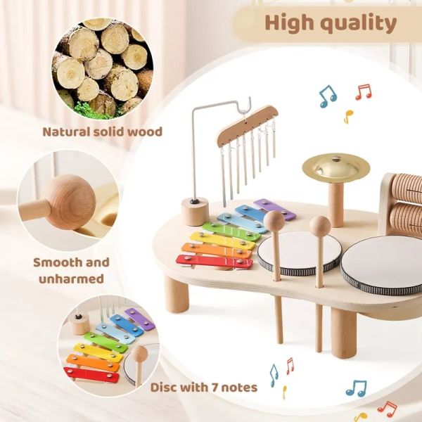 Kids Drum Set All in One Montessori Musical Instruments Set Toys Toys Natural Wooden Music Kit Toys Sensory Meso