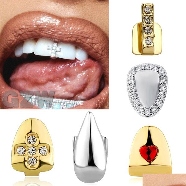 Grillz Dental Grills 18k Oro Brate singole Punk Hip Hop Cz Cubic Zirconia Croce Denti della bocca Fang Cap dente Cosplay Halloween Party Va otlfz