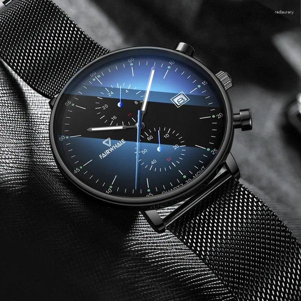 Relógios de pulso simplicidade relógios de moda masculino Mark Mark Fairwhale Luxury Black Quartz Clocks Business Man Automatic Date Wristwatch Reloj