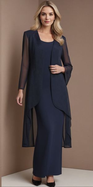 Dark Navy Hochzeitsfeier Events Gown Mutter Kleider Mutter der Braut Kleid Zwei Stücke Langarm Chiffon Custom Reißverschluss Plus Größe O-Neck