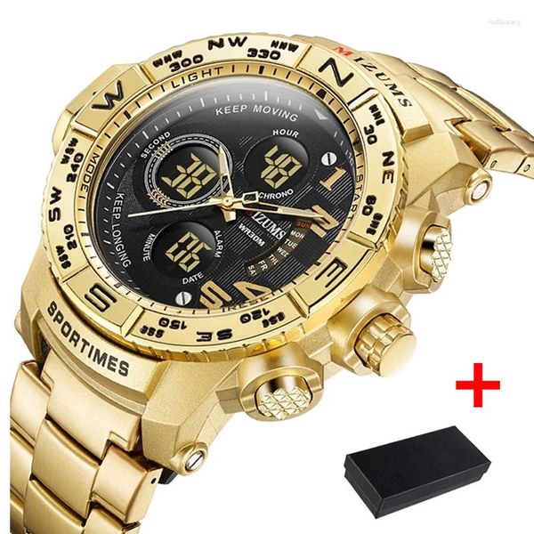 Нарученные часы Mizums Gold Mens Watch Top Top Waterprostic Big Dial Quartz Золотой цифровой светодиод мужчина Masculino 2024