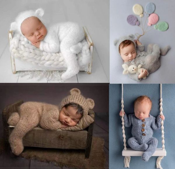 Fotoğraf 2pc/set yenidoğan fotoğrafçılık proplar romper tulum tuşlu şapka yün erkek bebek kız kıyafeti bebek hayvan fotoğraf pervane
