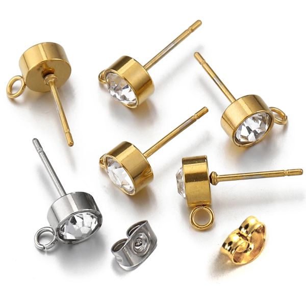Komponenten 100pcs/20pcs Edelstahl -Strass -Ohrring -Pfosten Goldfarbe Ohrstollen mit Schleifenringen DIY Ohrringe Schmuckzubehör herstellen