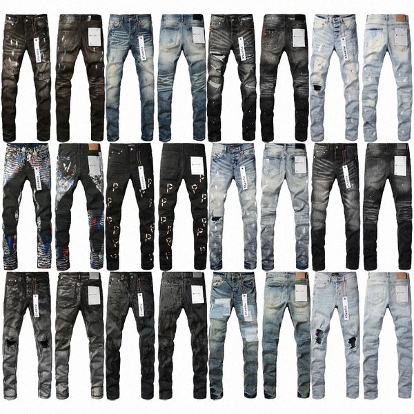 Purple Jeans Designer Purple Brand Jeans Hole High Street Street Retro roxo jeans reto jeans motocicletas lavadas jeans velhos jeans N9f8#