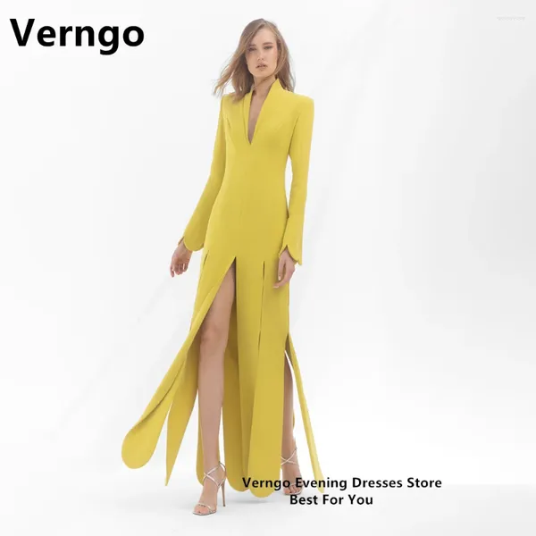 Vestidos de festa verngo elástico amarelo vestido de baile de cetim macio feminino mangas compridas vestido de terno dividido uma linha formal Deep V pescoço noite