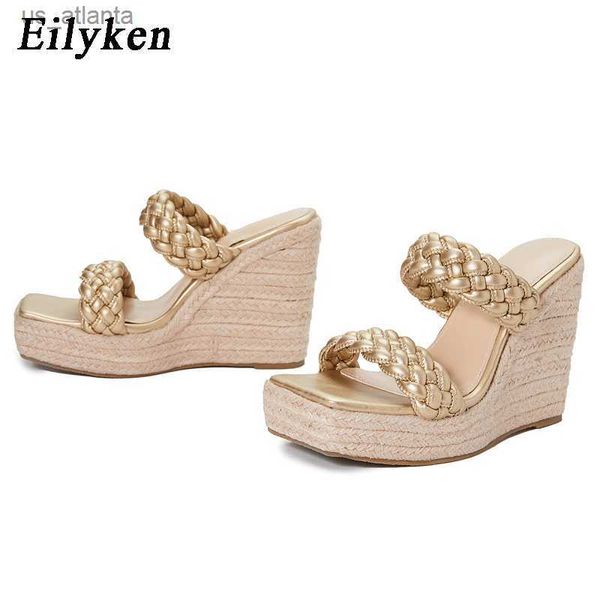 Slipper New Style Braid Wedges Frauen 2024 Fashion Hollow Square Toe Str Rattan Weave Sliders Sommer Weibchen Schuhe H240403L2VJ