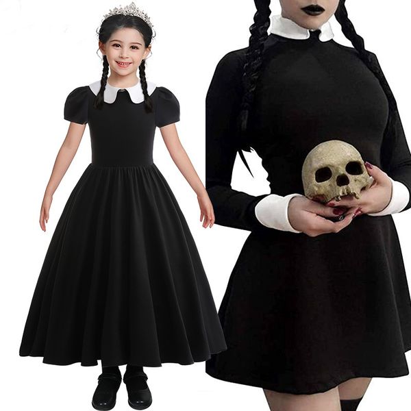 Ragazze abiti lunghi neri bambini patchwork colore bambola risvolto manica a sbuffo abito da principessa 2024 bambini vestiti da festa cosplay Z1761
