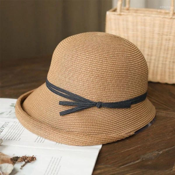Weitkrempeln Hüte Kräuter Retro -Stil weich gefaltete Sommer Frauen Strohhut Reisende Urlaub Sonnenschutz