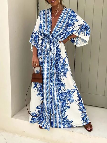 Boho profundo decote em v cintura cordão vestido longo feminino primavera padrão impressão vintage maxi vestido verão manga curta solto vestido de praia 240321