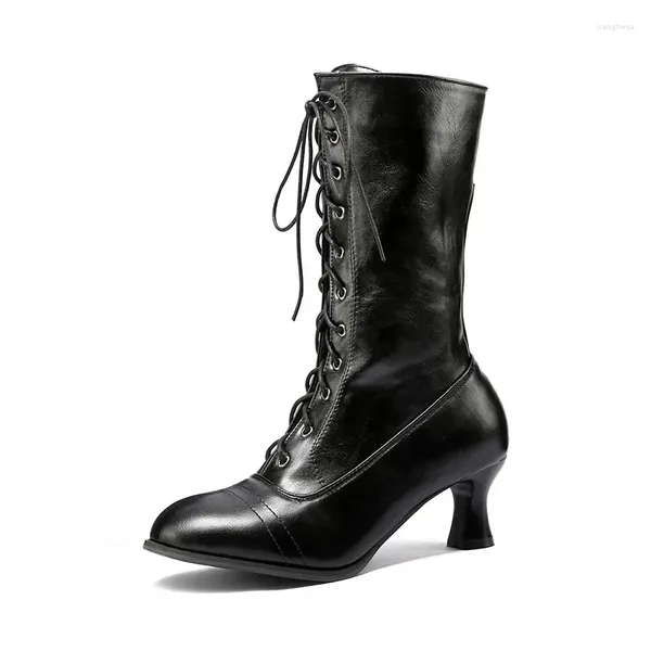 Stiefel Britischer Stil Vintage Pu-Leder Mid Heels Kalb Frauen Runde Zehe Schnürschuhe Schuhe Schwarz Braun Weibliche Schuhe Plus Größe 41 42