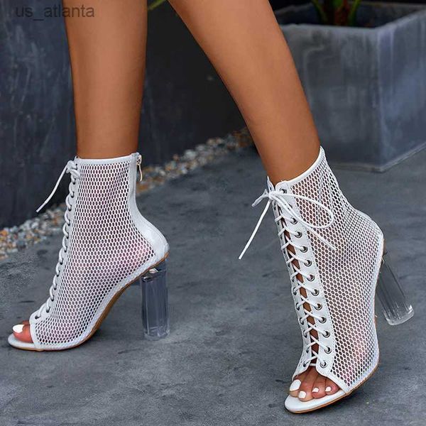 Kleiderschuhe Frühling Herbst Sexy Peep Zeh transparente High Heels Dance-Knöchelstiefel Frauen Roma Style Mesh Hohlauslösch