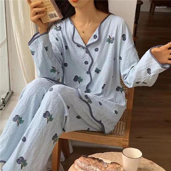 Home Clothing Spring 2024 Damen Blue Pyjamas Set Heart Printed Crepe Gaze Turn-Down-Kragen Langarm-Hosen Haushaltsbekleidung