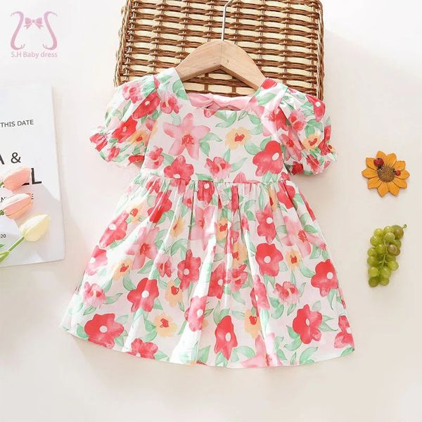 Süße Tinte Blume Baby Kleid Kleid Puff Ärmel Ribbon Kinder Kleidung Sommer cooles atmungsaktives Kleinkindkostüm 0 bis 3 Jahre alt 240403