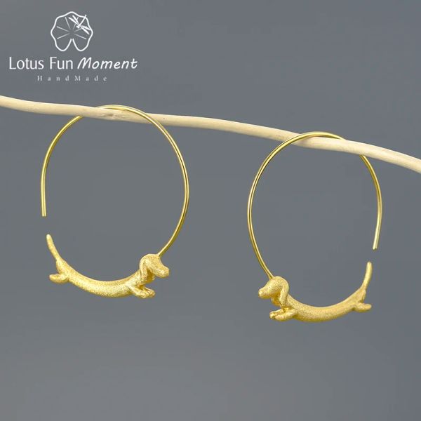 Earrings Lotus Momento divertido 18K Gold adorável Dachshund Dachshund Big Brincos redondos REAL 925 STERLING SLATER MUNIL