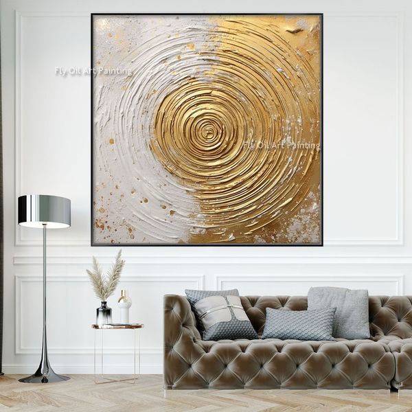 Pintura a óleo de círculo dourado grande na tela 100% artesanal abstrato