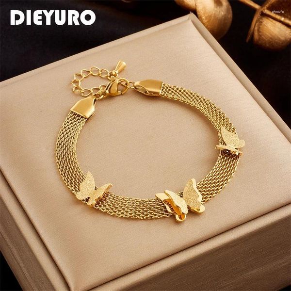 Bracelets de charme dieyuro 316l aço inoxidável wide cadeia web pulseira de borboleta para mulheres de joalheria de joias de moda presentes de aniversário