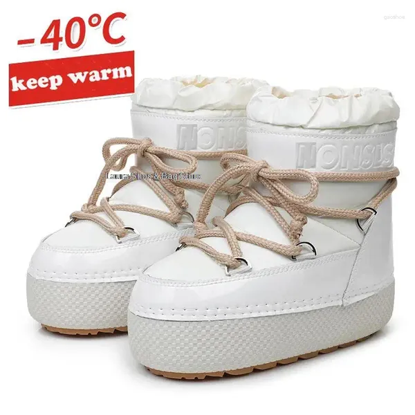 Stivali bianchi da neve per donna Scarpe invernali in vera pelle da donna impermeabili spessi e caldi con plateau e caviglia con tacco piatto
