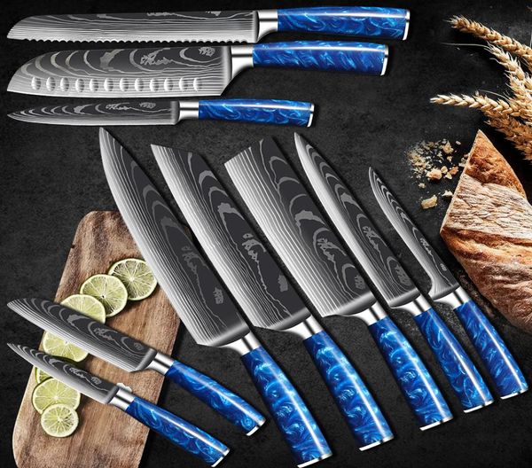 Edelstahlkoch Messer Set Küche Messer Professionell Japaner Santoku Cleaver Sharp Resin Griff Laser Damaskus Muster Shar3397791