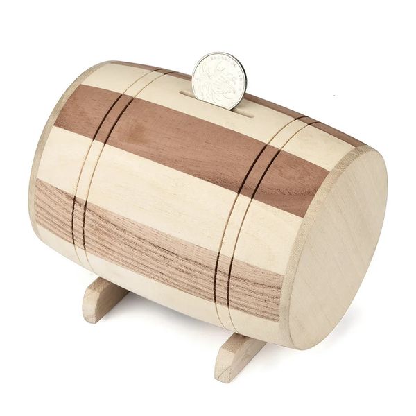 1PCS Wooden Money Box Piggy Bank Safe Money Box Savings Wine Barrel Wood escultura
