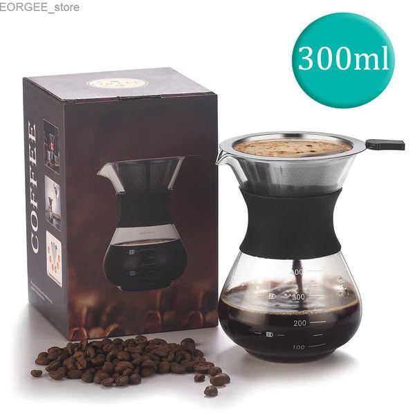 Caffetterie da caffè da 300 ml di caffè a 300 ml Versare sopra bolleggio con filtri in acciaio inossidabile per carenti di caffettiere senza carta per gocciolatura portatile in vetro per campeggio Y240403